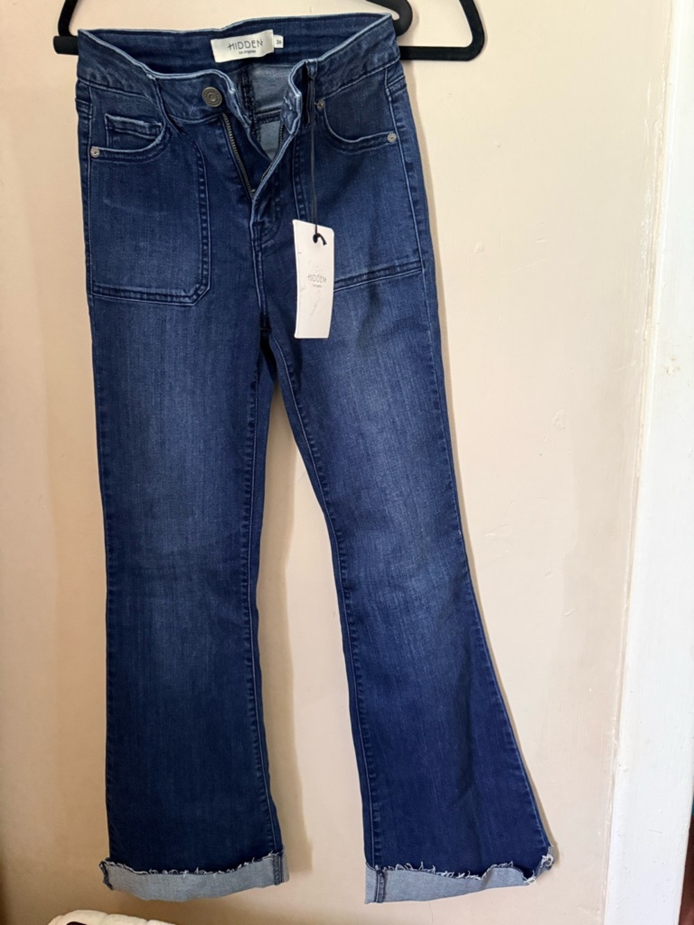 Hidden Dark Blue Flare Jeans with Cropped Frayed Hem